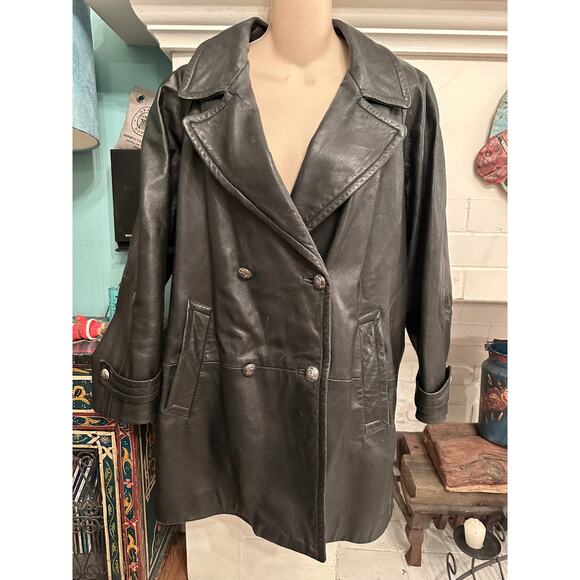 VINTAGE 80's VAKKO BLACK LEATHER DOUBLE BREASTED PEACOAT JACKET - Picture 1 of 8